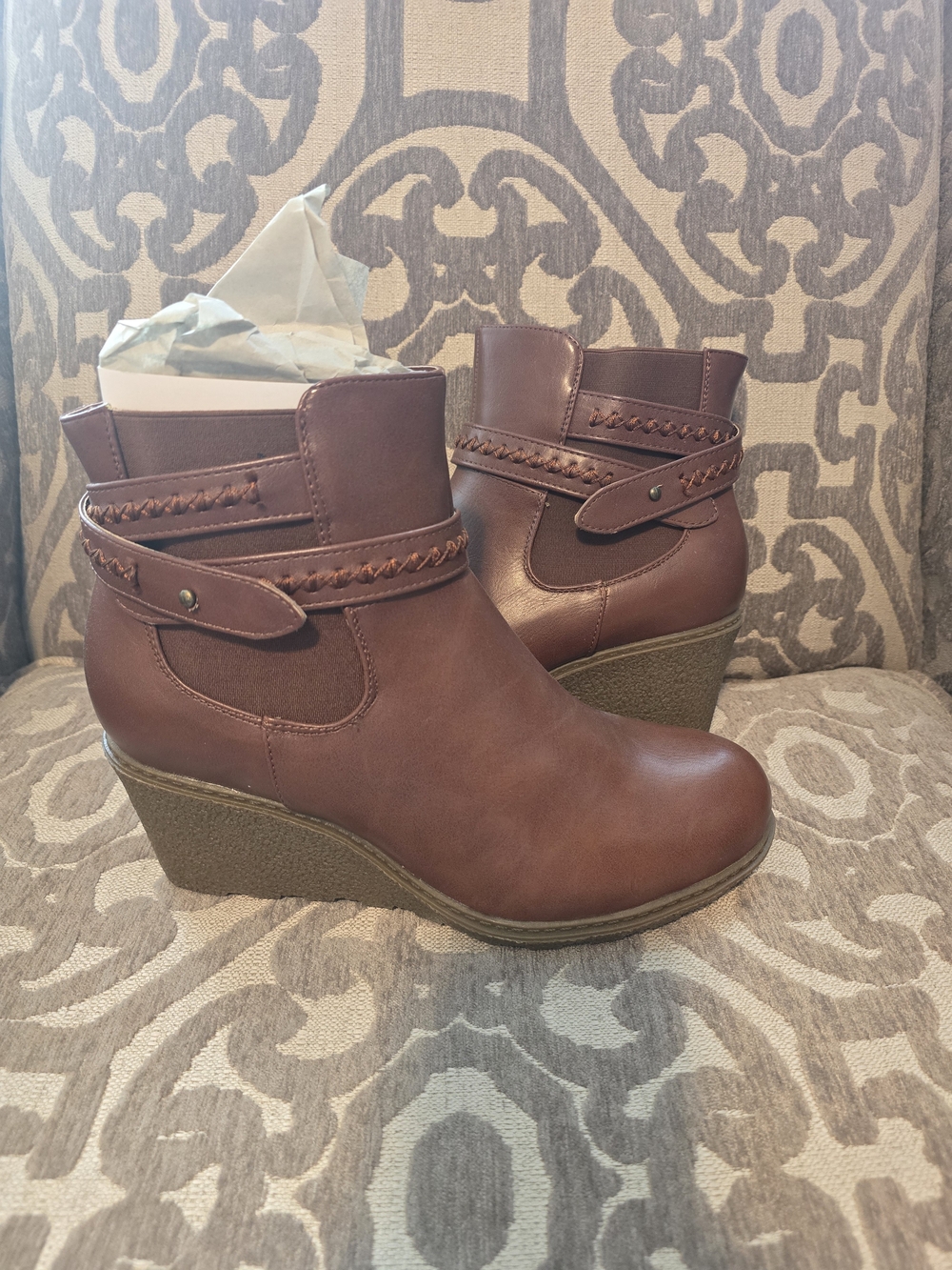 Avenue Brown Braided-Strap Wedge Ankle Boots